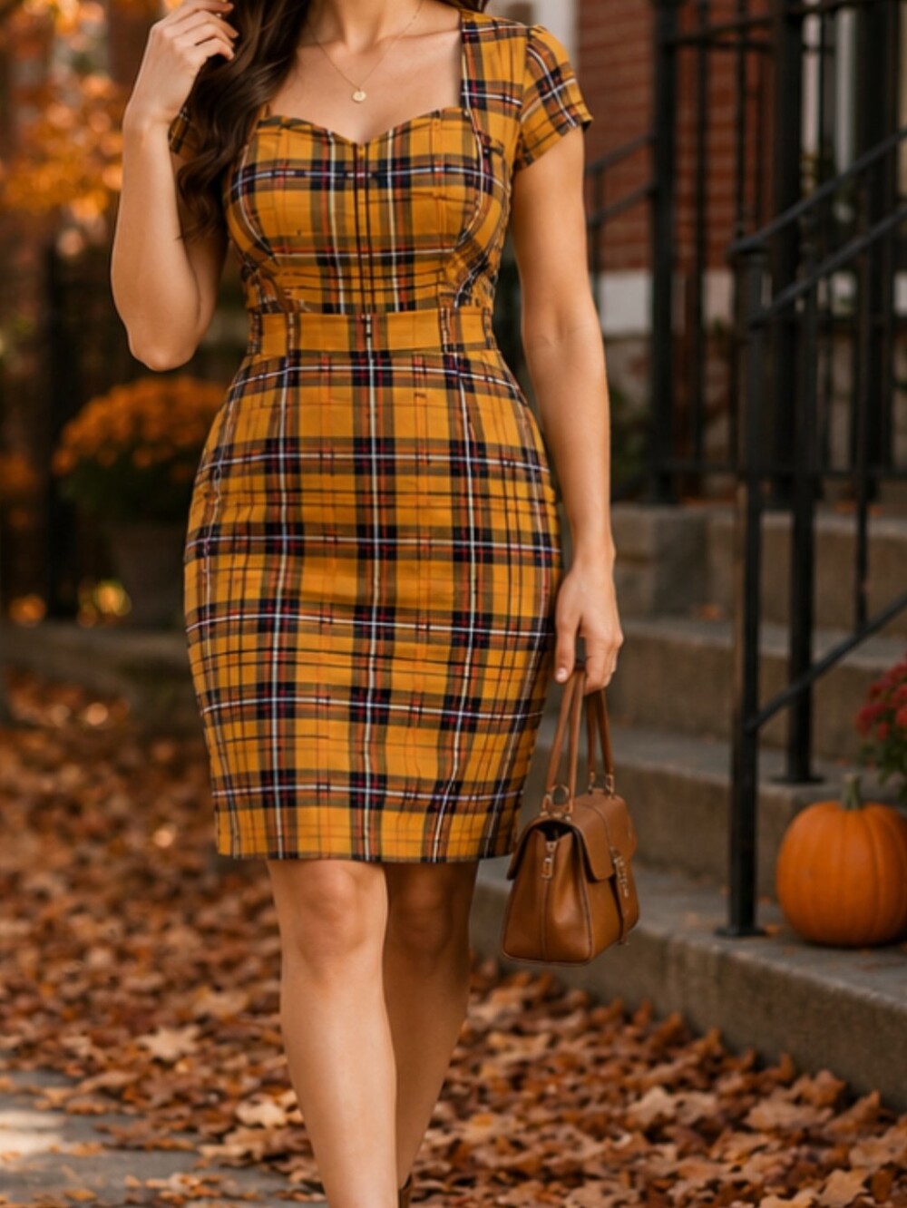 Grace Karin Large Mustard Plaid Tartan Fit & Flare Dress Retro Fall Large